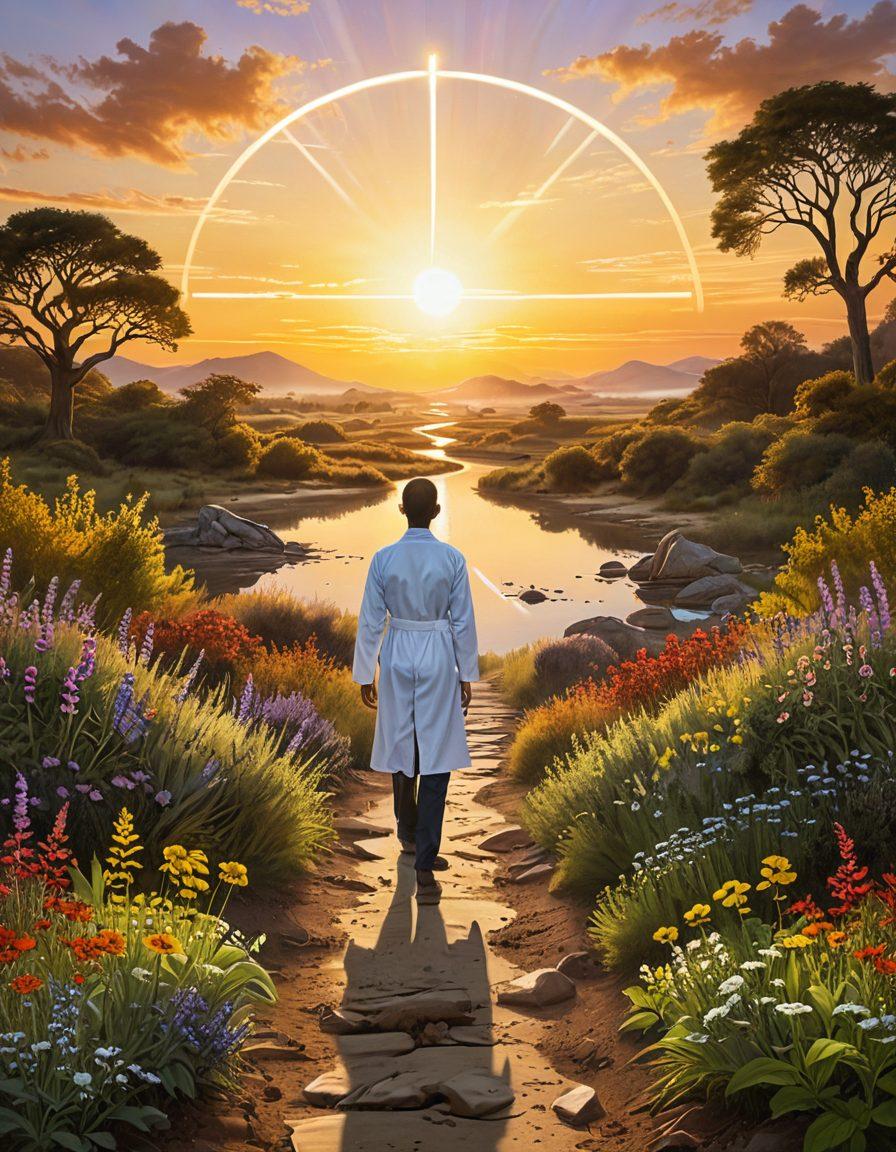 A serene landscape featuring a person standing at a crossroads, contemplating between two paths labeled 'Conventional Doctor' and 'Holistic Healer'. The sun is setting in the background, creating a warm glow, with symbols of health like a stethoscope and herbal plants guiding each path. Ethereal connectivity symbols float around, representing the journey of health and wellness. The atmosphere should evoke tranquility and hope. super-realistic. vibrant colors. peaceful background.