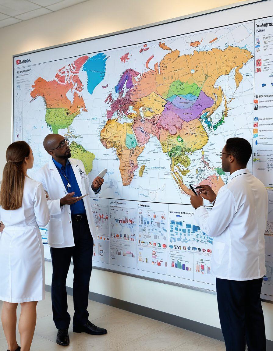 A diverse group of healthcare professionals gathered around a large, interactive map of the healthcare landscape, pointing to various paths and options for optimal health management. In the foreground, a patient looks on with curiosity, holding a tablet with health data. Bright colors highlight key areas of expertise and care options. The scene is infused with a sense of community, collaboration, and empowerment in healthcare choices. vibrant colors. digital art.