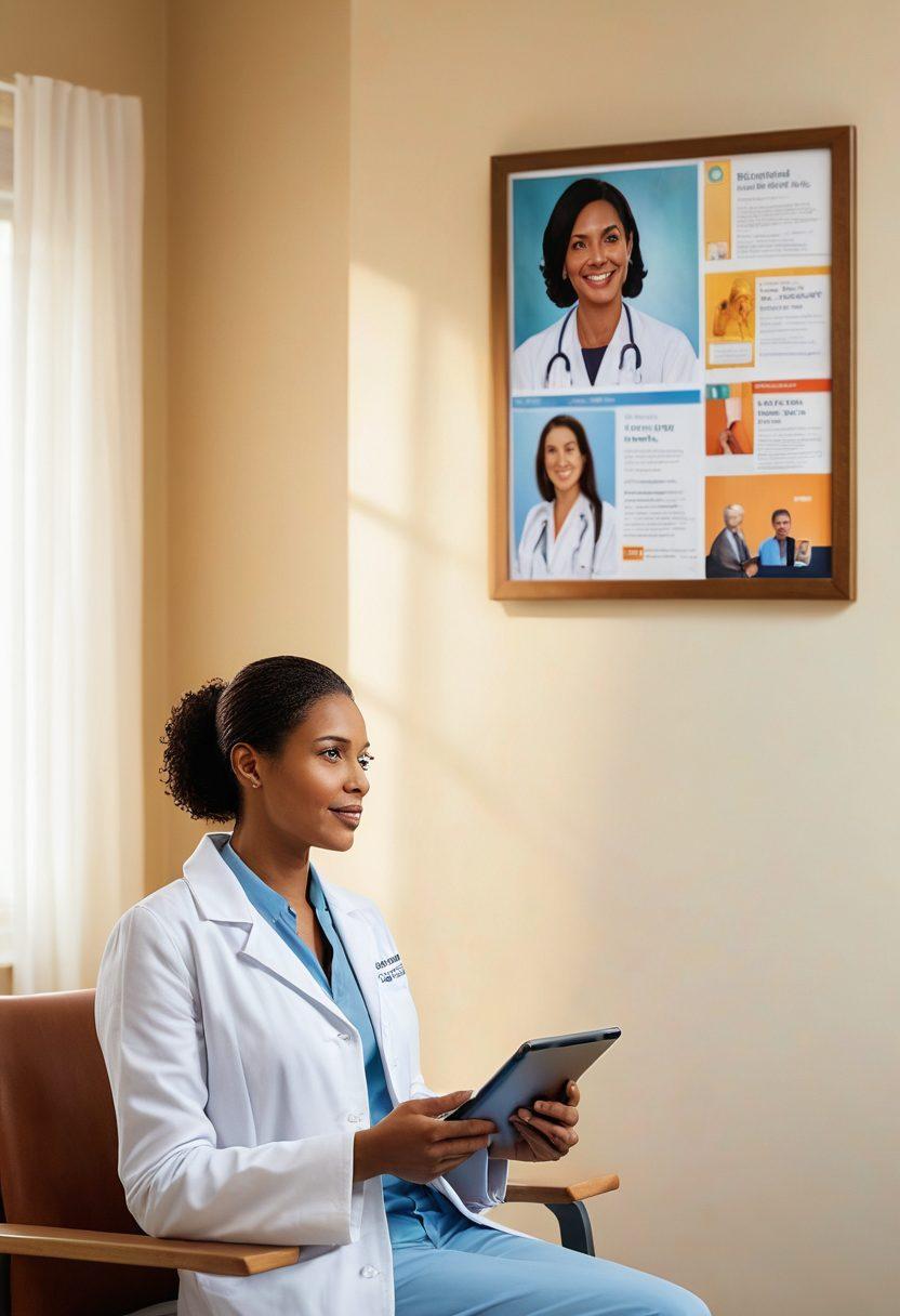 A warm, inviting scene of a patient talking to a compassionate physician in a modern clinic setting. Include a digital tablet displaying health information, symbolizing telemedicine, and a soft glowing light to suggest hope and support. In the background, incorporate elements representing advocacy, like pamphlets and a family picture on the wall. The overall atmosphere should feel reassuring and empowering. super-realistic. vibrant colors. soft focus.